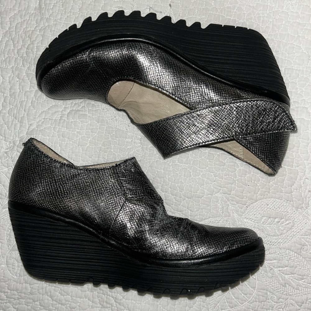Fly London Silver Wedge Shoes
